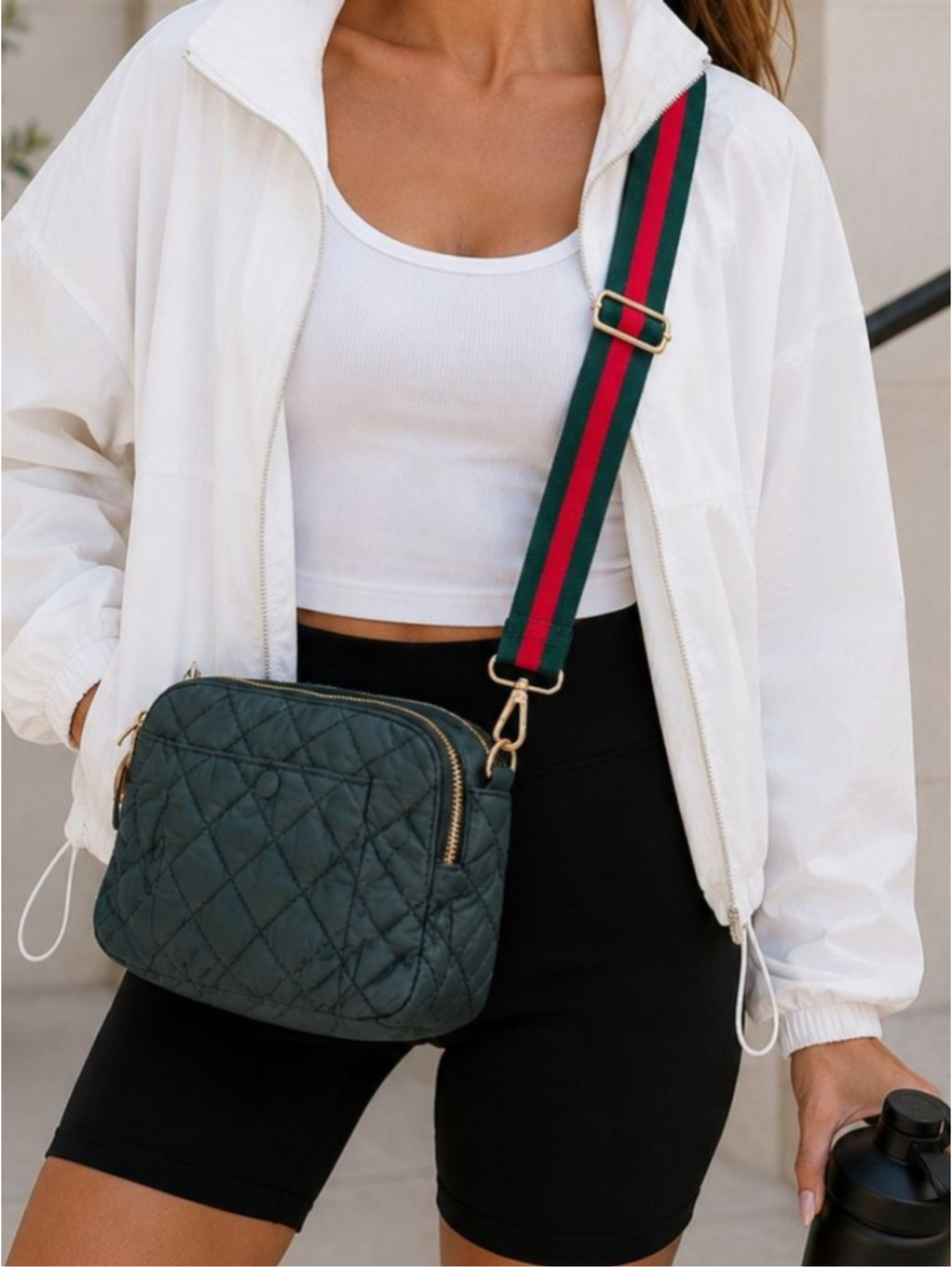 Urban Expressions Quilted Puffer Crossbody Green Red Stripe Strap Gold Hardware